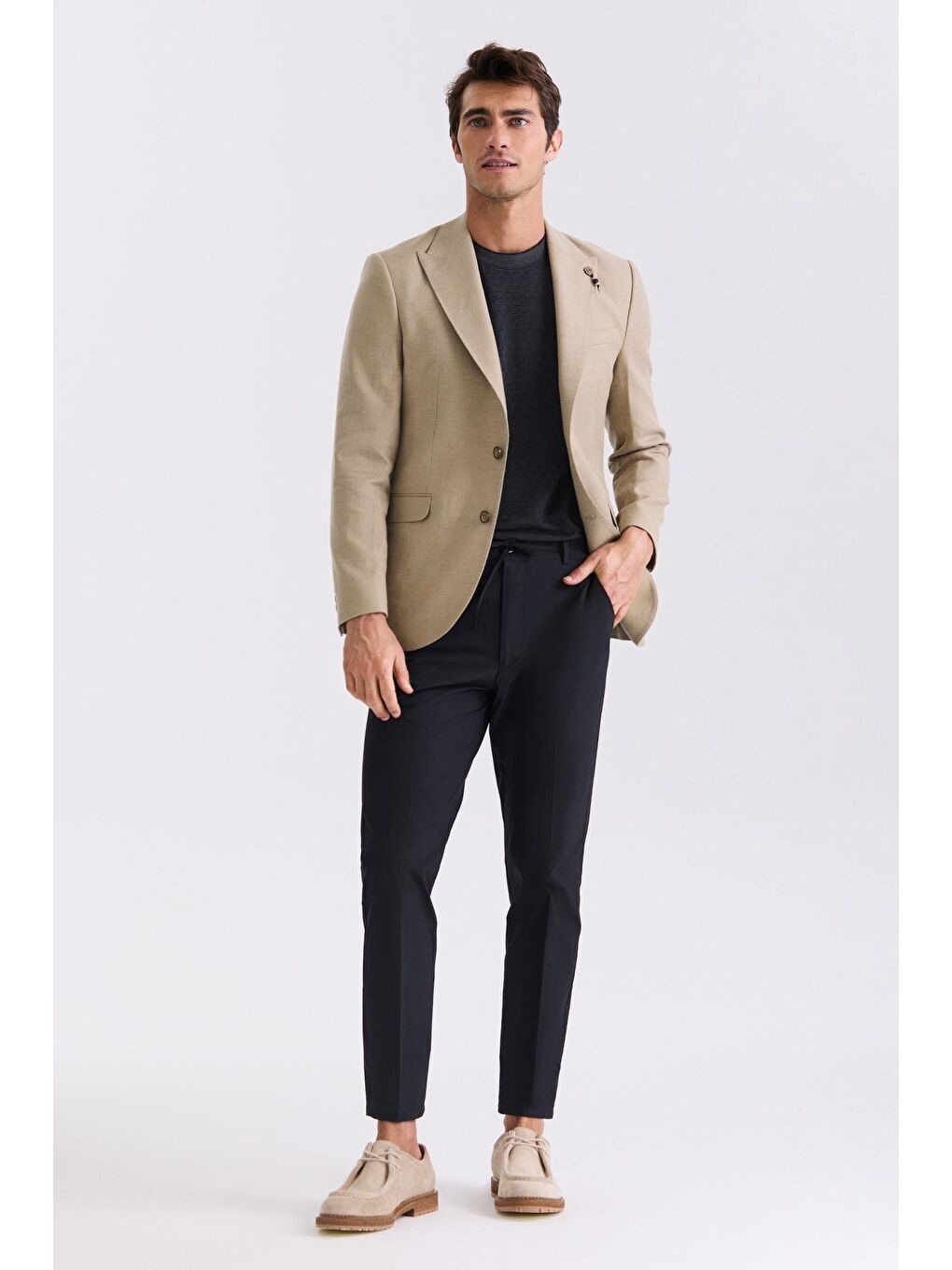 Bej Slim Fit Sivri Yaka Keten Spor Ceket-1