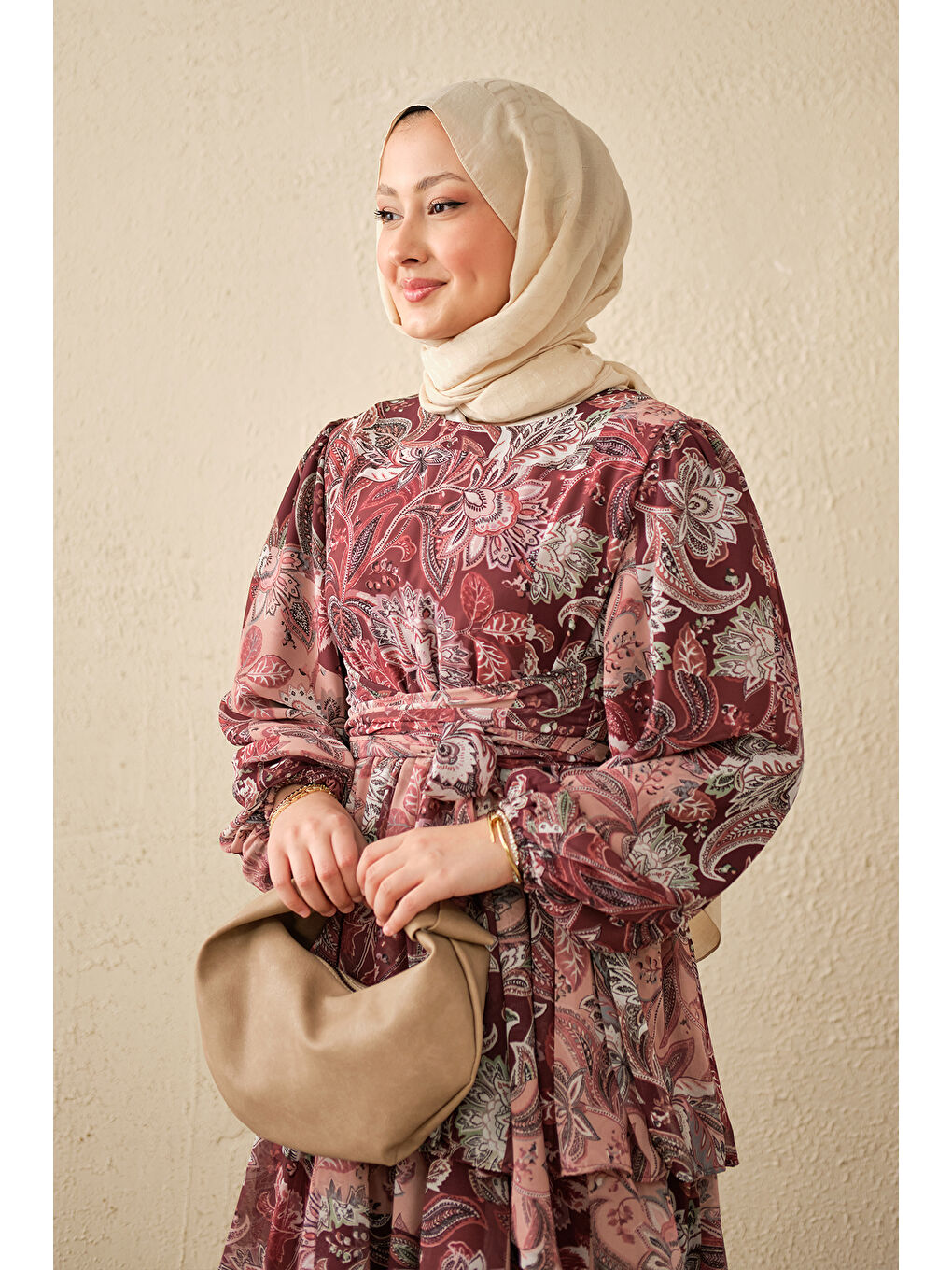 Kadın Etnik Desen Bel Bağlamalı Elbise Bordo-3