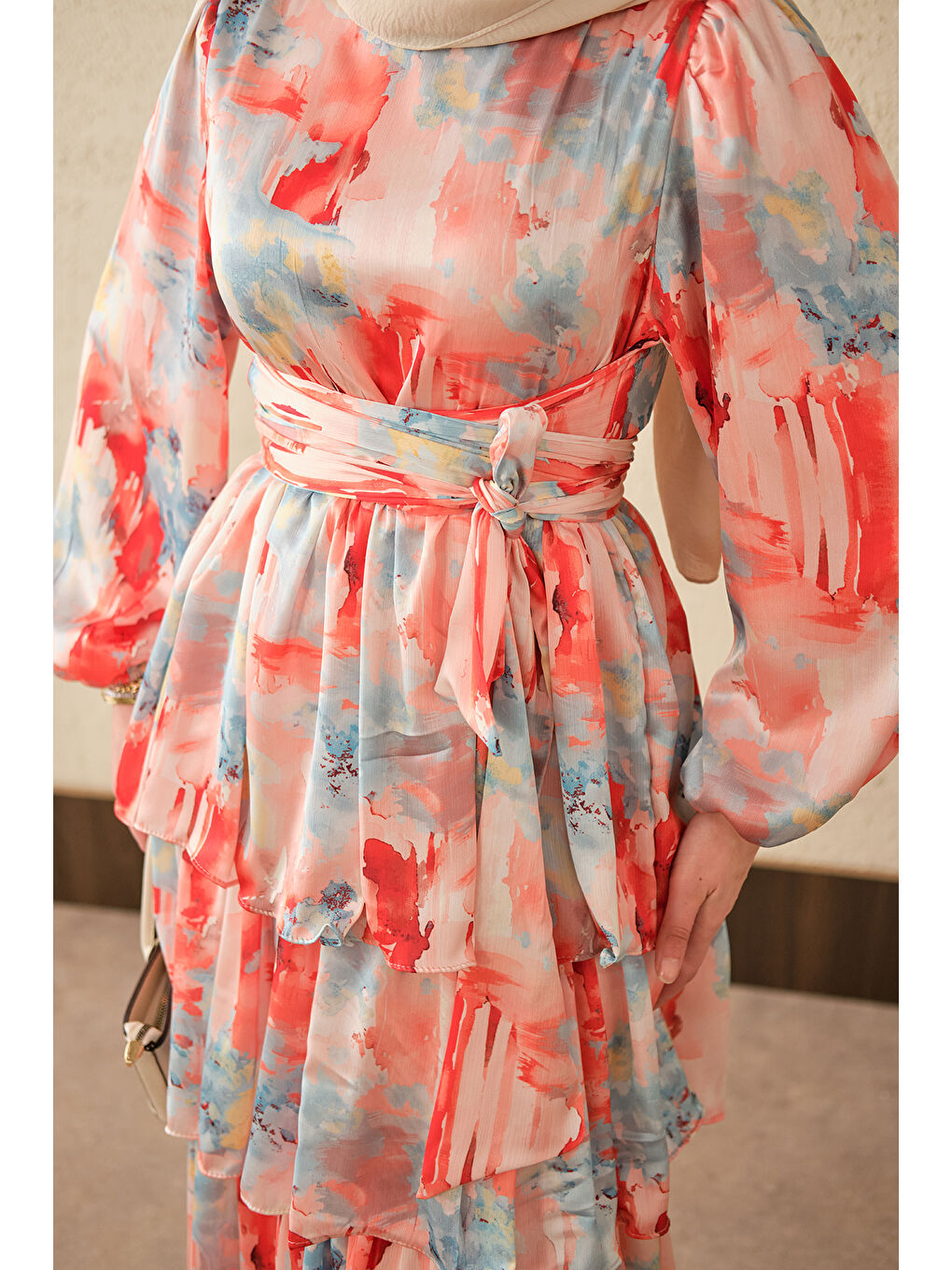 Kırmızı Kadın Karışık Desen Bel Bağlamalı Saten Elbise Nar Çiçeği-4