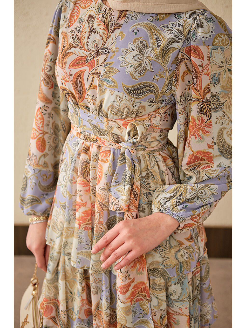 Kadın Etnik Desen Bel Bağlamalı Elbise Lila-4