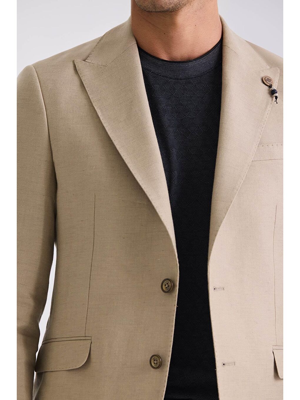 Bej Slim Fit Sivri Yaka Keten Spor Ceket-2