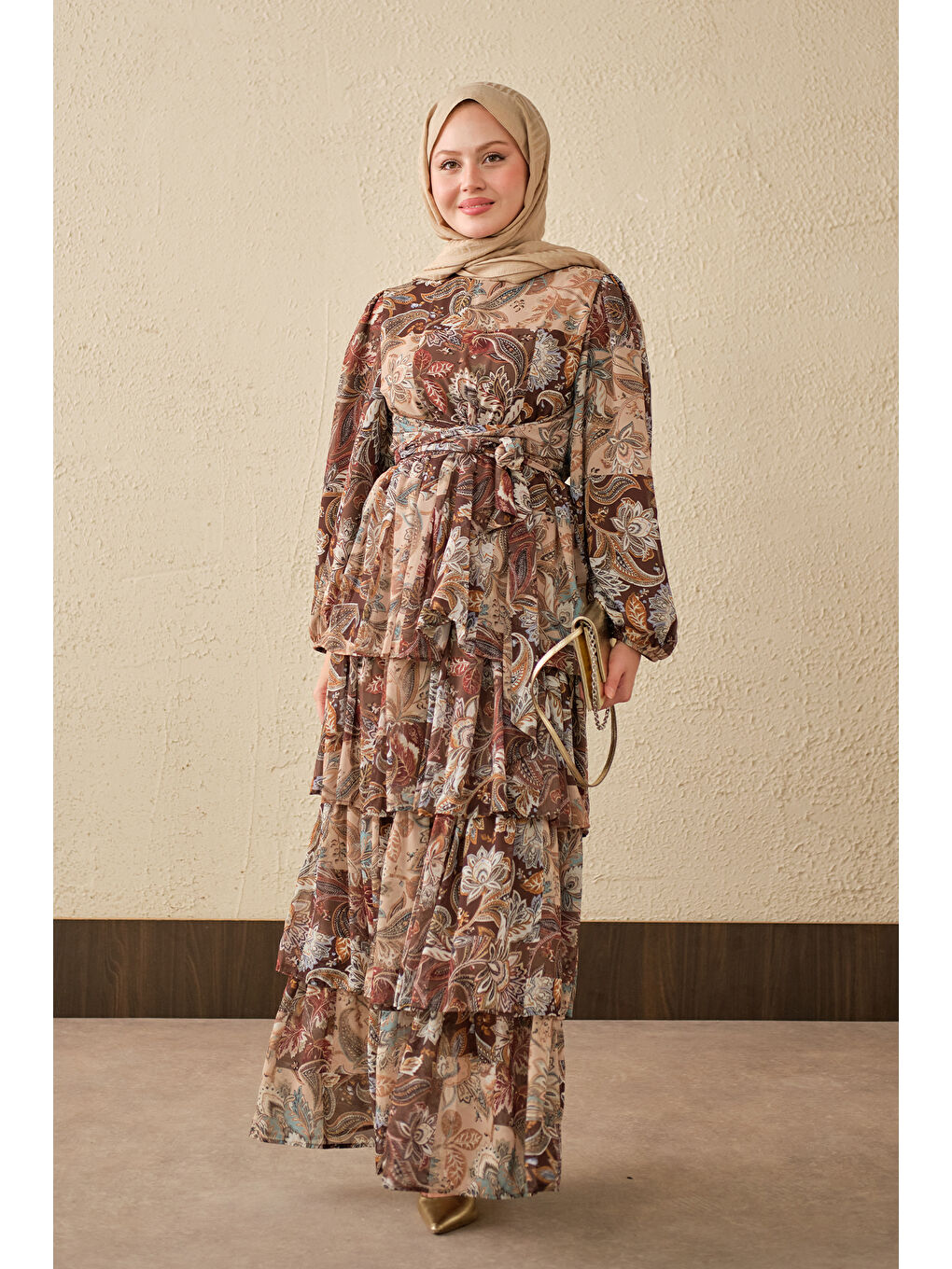 Kadın Etnik Desen Bel Bağlamalı Elbise Kahverengi-3