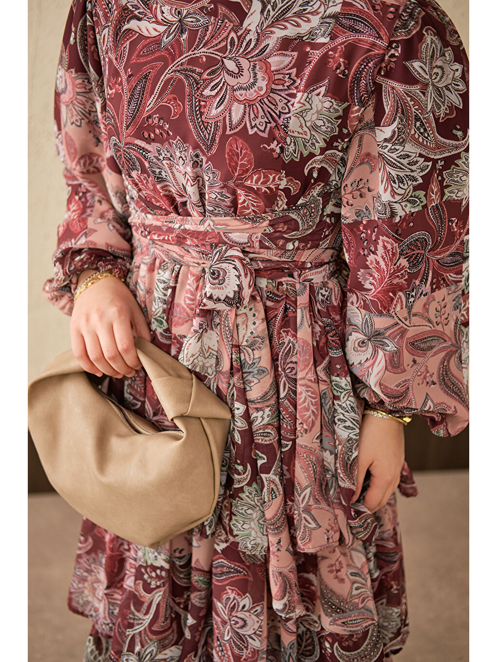 Kadın Etnik Desen Bel Bağlamalı Elbise Bordo-4