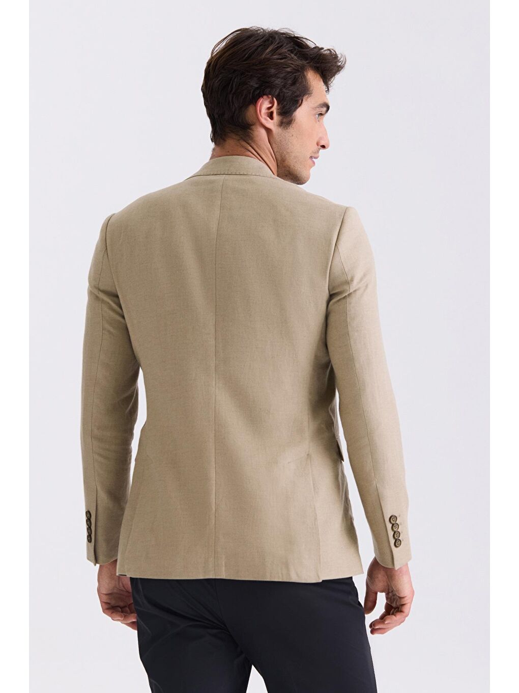 Bej Slim Fit Sivri Yaka Keten Spor Ceket-3