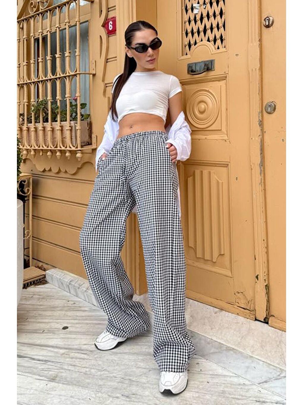 Siyah Beli Ayarlanabilir Ekoseli Bol Paça Kadın Pantolon Mg2335-1