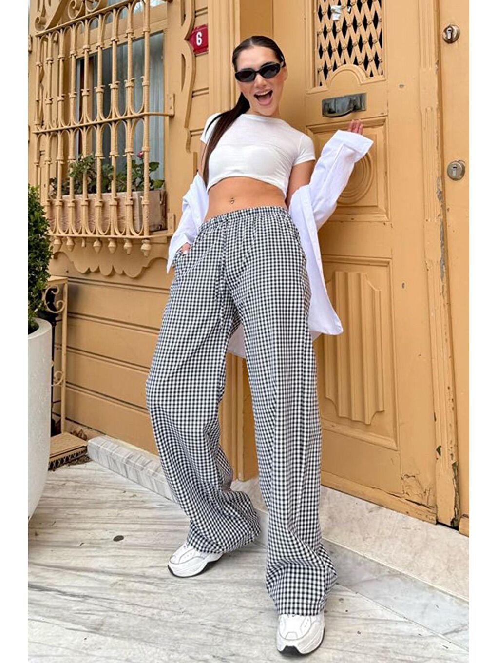 Siyah Beli Ayarlanabilir Ekoseli Bol Paça Kadın Pantolon Mg2335-2