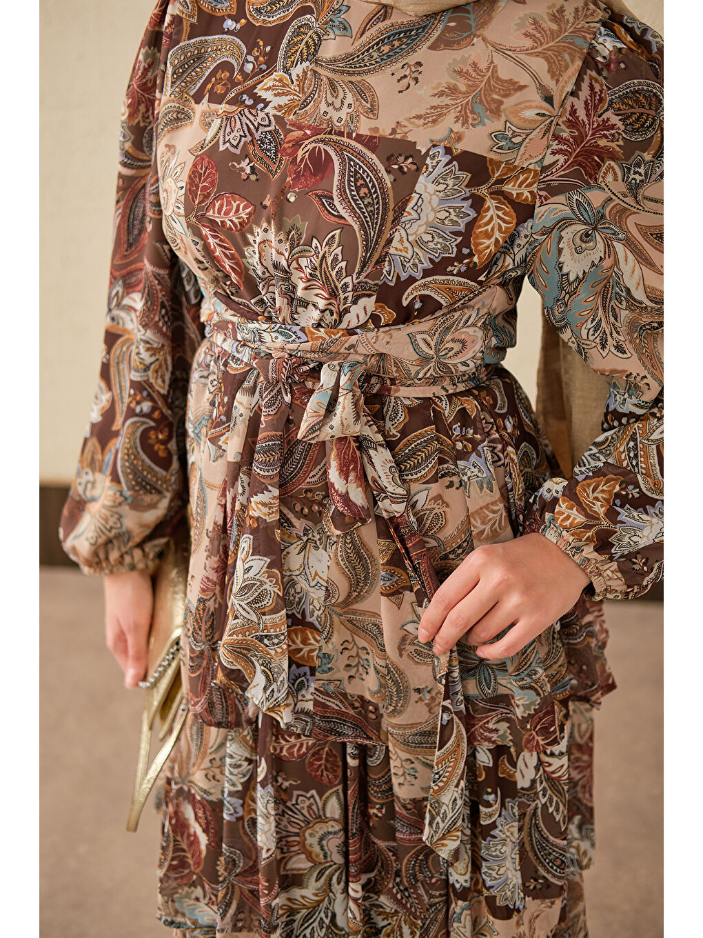 Kadın Etnik Desen Bel Bağlamalı Elbise Kahverengi-4