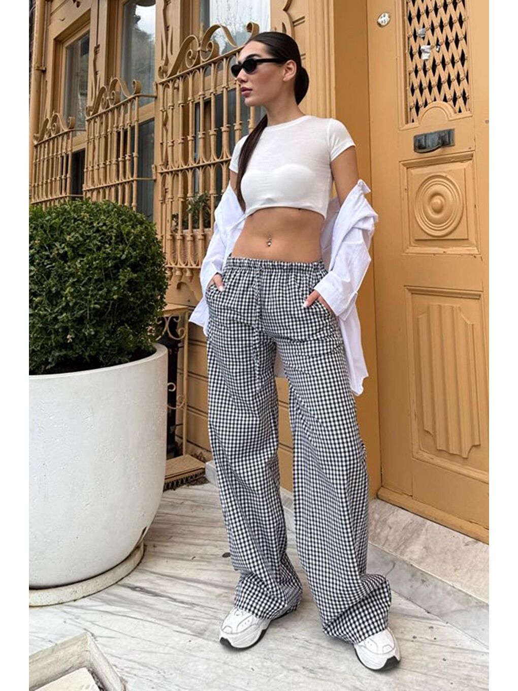 Siyah Beli Ayarlanabilir Ekoseli Bol Paça Kadın Pantolon Mg2335-3