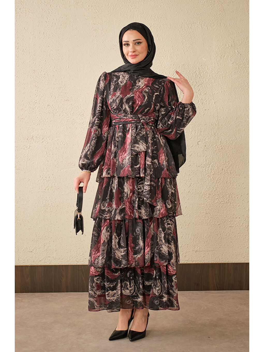 Kadın Kat Kat Detay Kuşaklı Astarlı Şifon Elbise Siyah