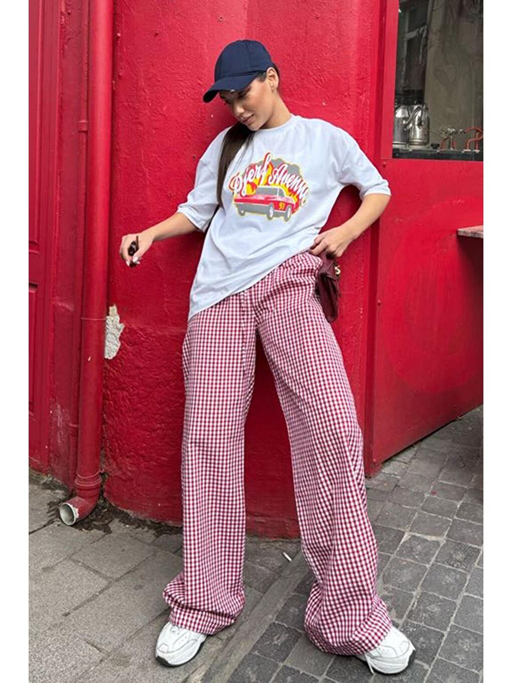 Bordo Beli Ayarlanabilir Ekoseli Bol Paça Kadın Pantolon Mg2335-1