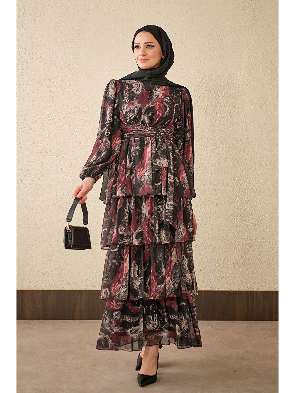 Kadın Kat Kat Detay Kuşaklı Astarlı Şifon Elbise Siyah-1