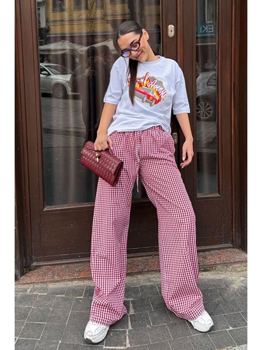 Bordo Beli Ayarlanabilir Ekoseli Bol Paça Kadın Pantolon Mg2335-3