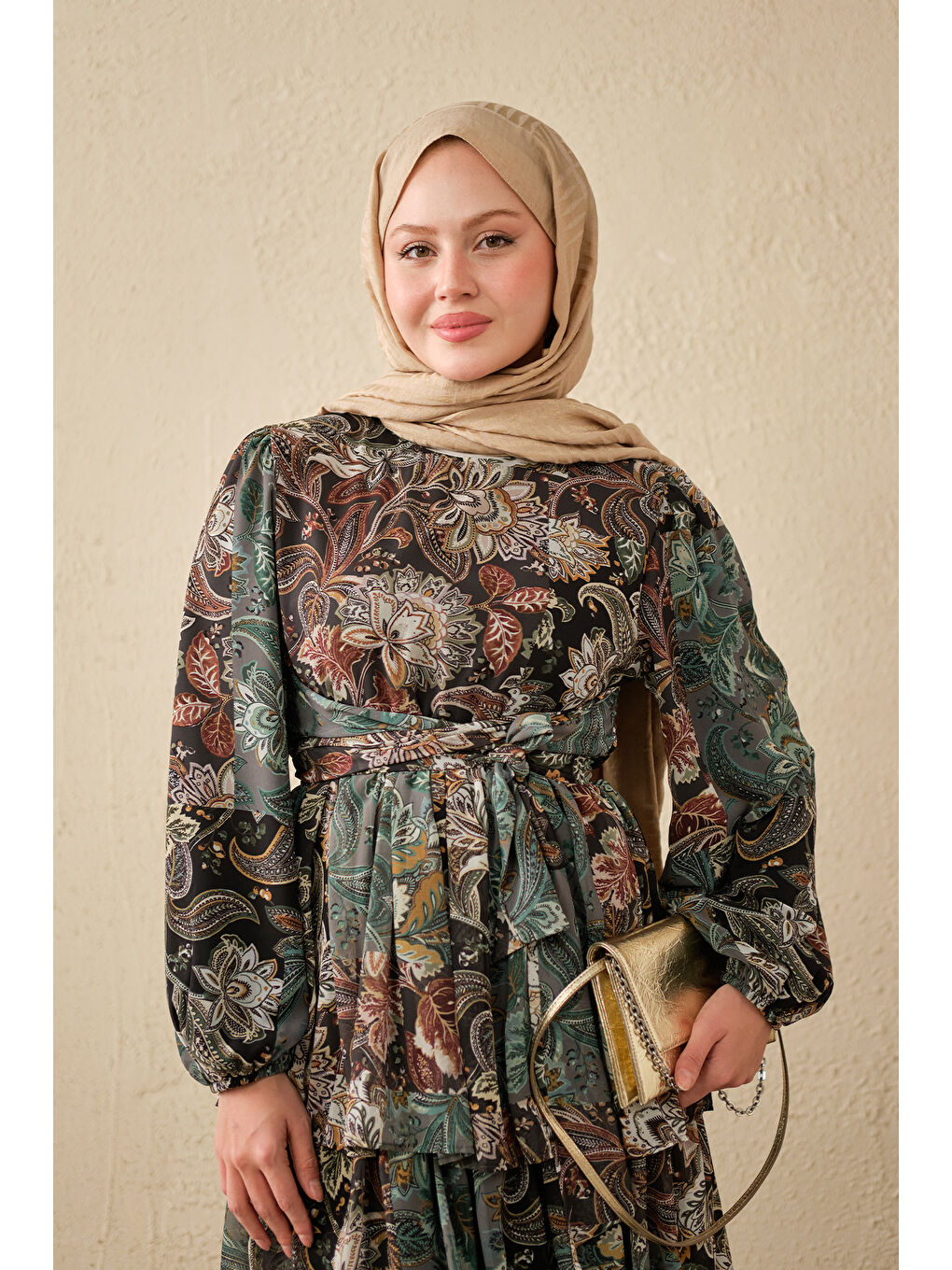 Kadın Etnik Desen Bel Bağlamalı Elbise Koyu Yeşil-1