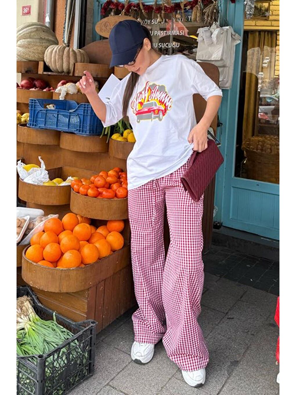Bordo Beli Ayarlanabilir Ekoseli Bol Paça Kadın Pantolon Mg2335-4