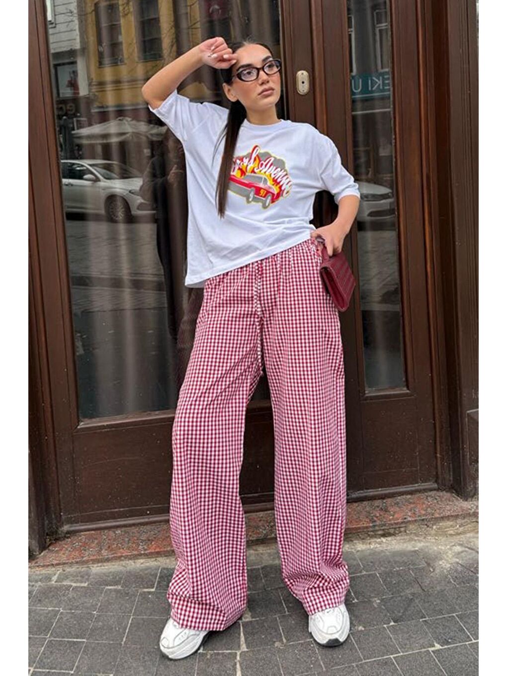 Bordo Beli Ayarlanabilir Ekoseli Bol Paça Kadın Pantolon Mg2335-5