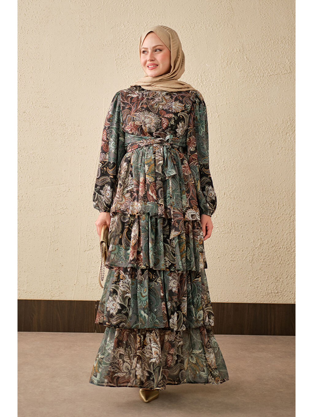 Kadın Etnik Desen Bel Bağlamalı Elbise Koyu Yeşil-2