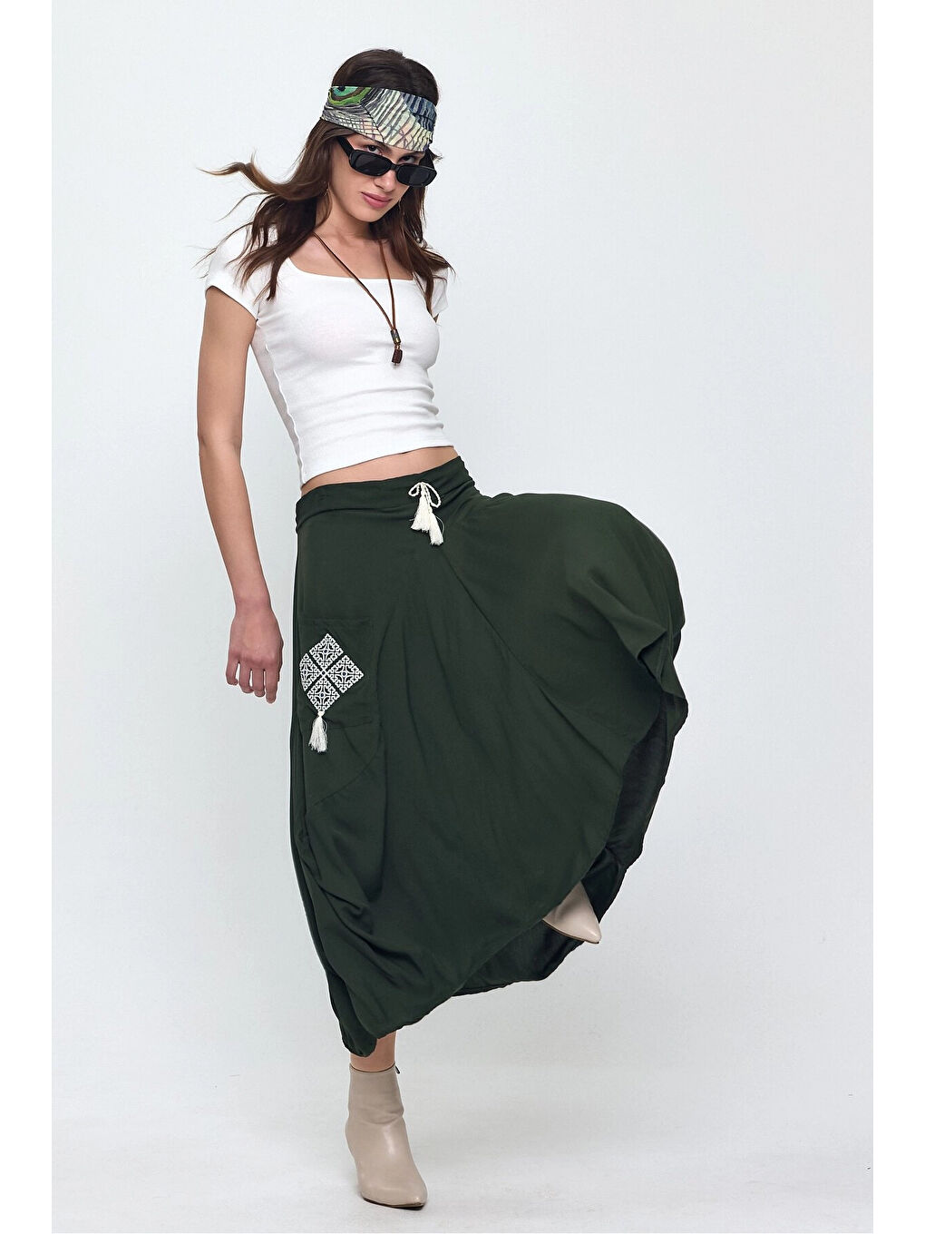 Kadın Haki Nakış Detaylı Bağcıklı Şalvar Etek HZL25S-VM19001-1