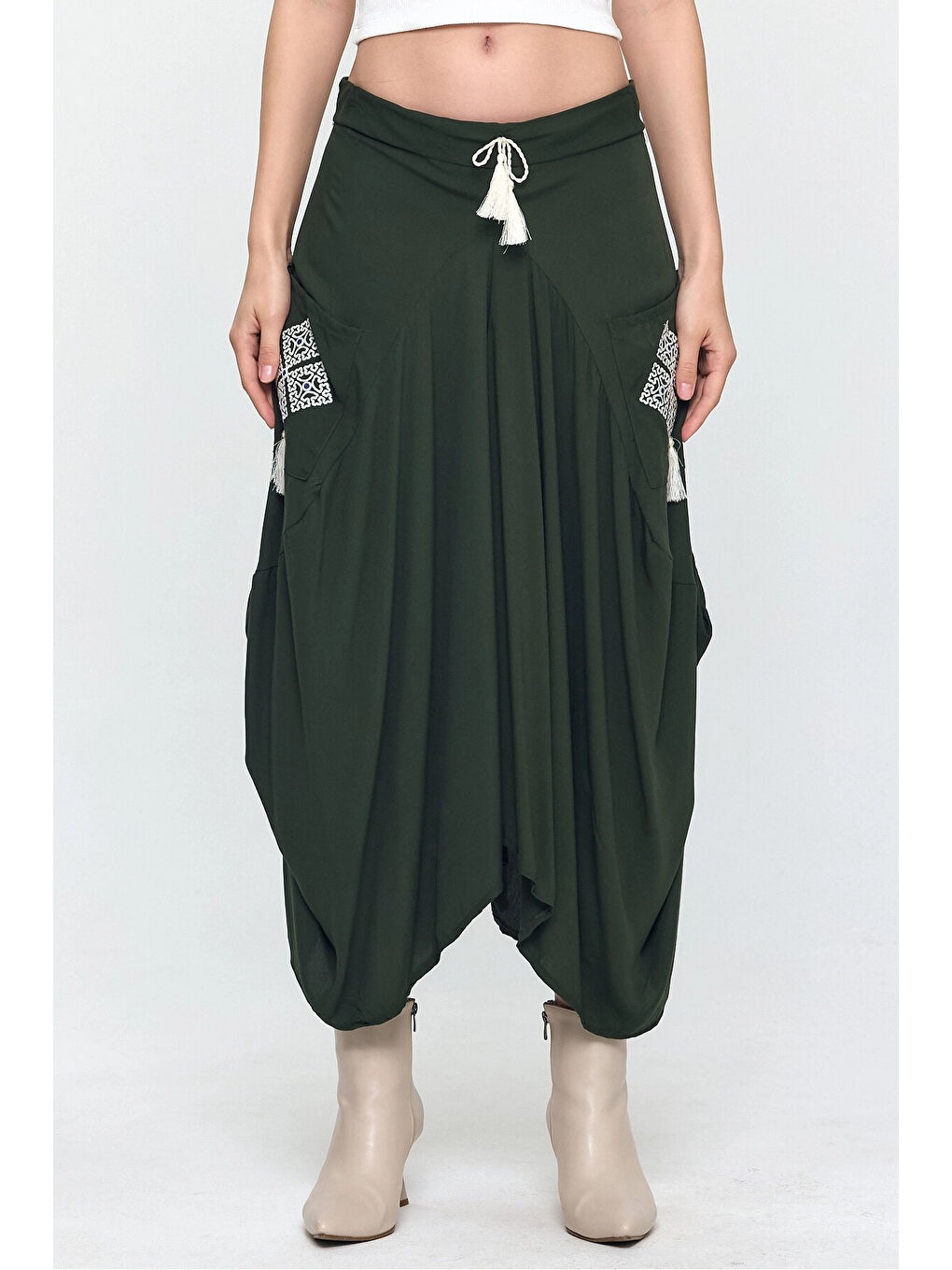 Kadın Haki Nakış Detaylı Bağcıklı Şalvar Etek HZL25S-VM19001-2