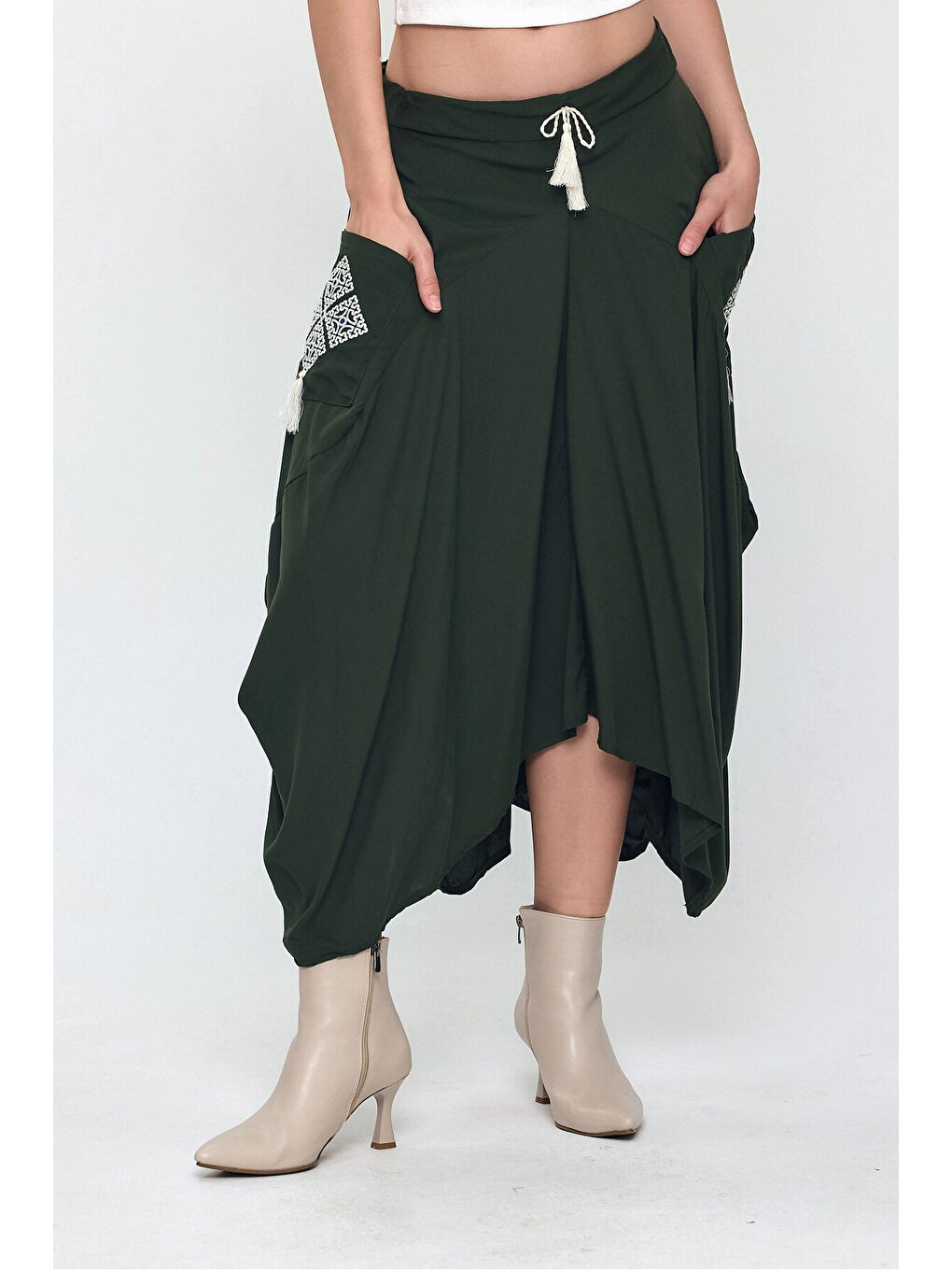 Kadın Haki Nakış Detaylı Bağcıklı Şalvar Etek HZL25S-VM19001-3