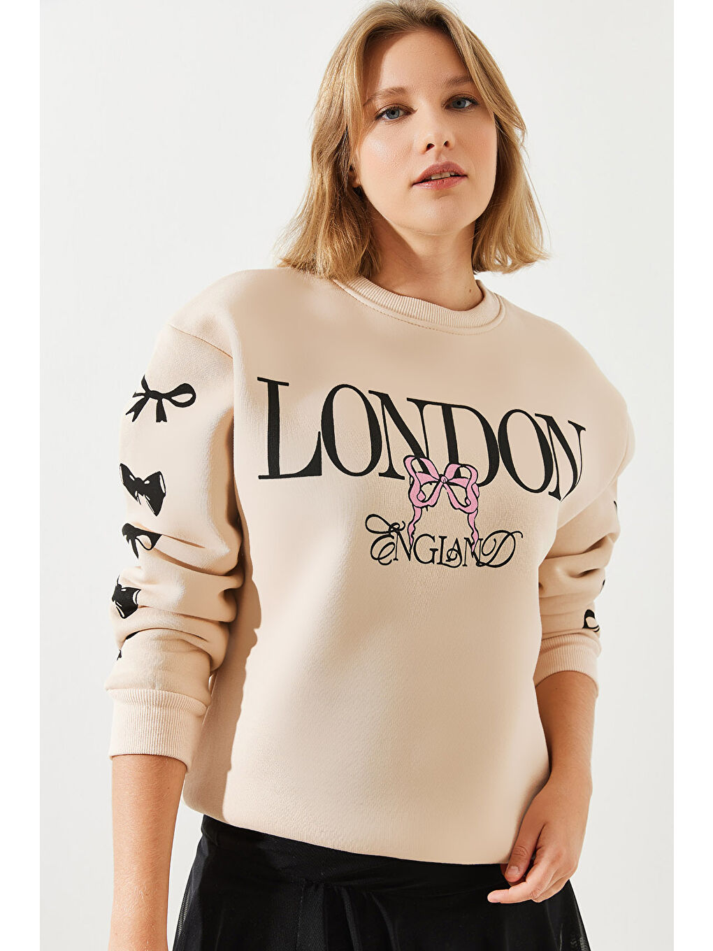 Bej Kadın Üç İplik Şardonlu London Life Grafik Baskılı Sweatshirt