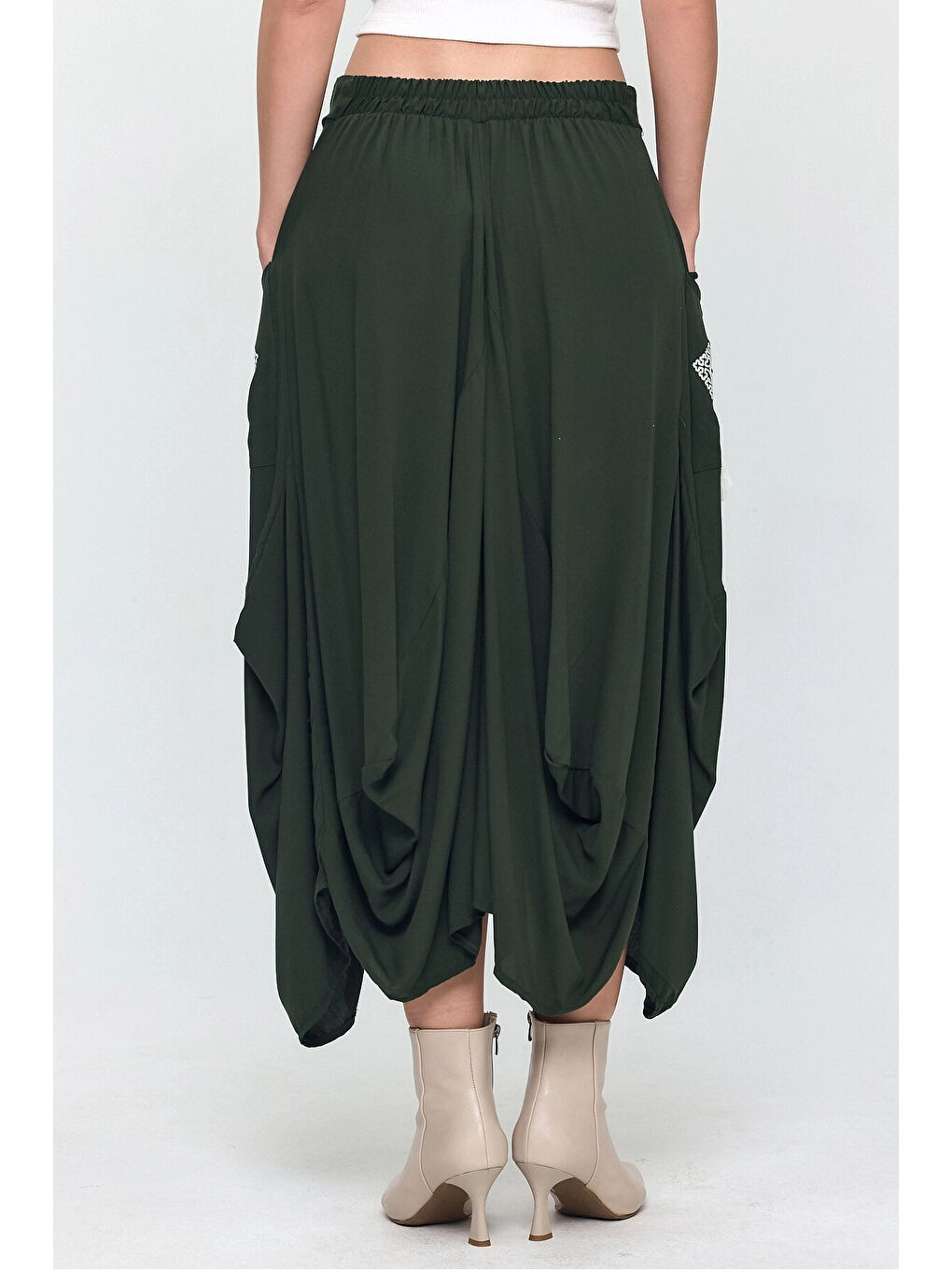 Kadın Haki Nakış Detaylı Bağcıklı Şalvar Etek HZL25S-VM19001-4