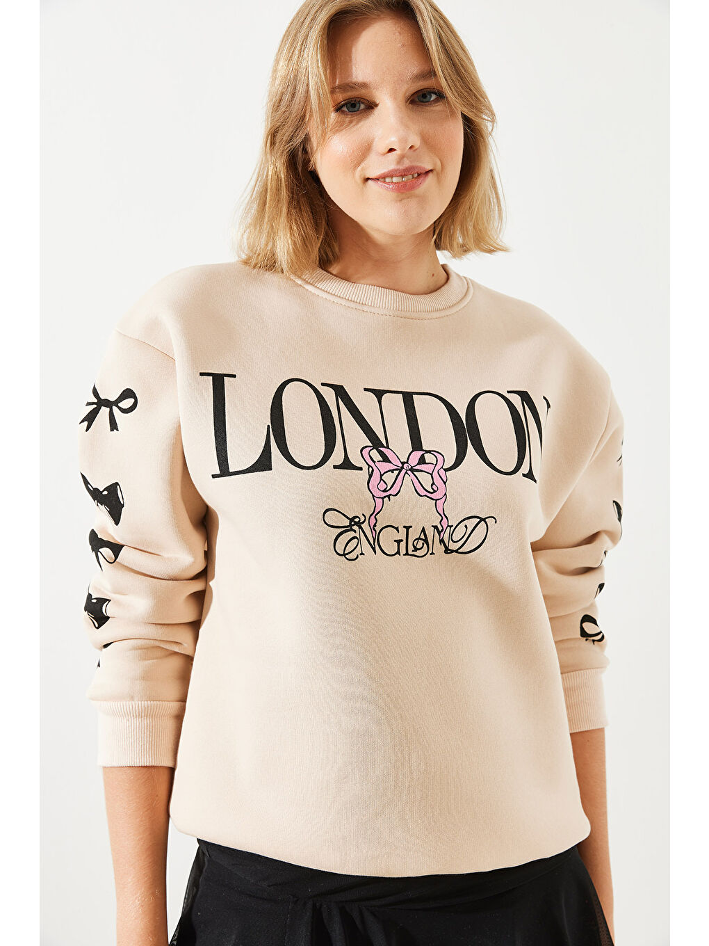 Bej Kadın Üç İplik Şardonlu London Life Grafik Baskılı Sweatshirt-1