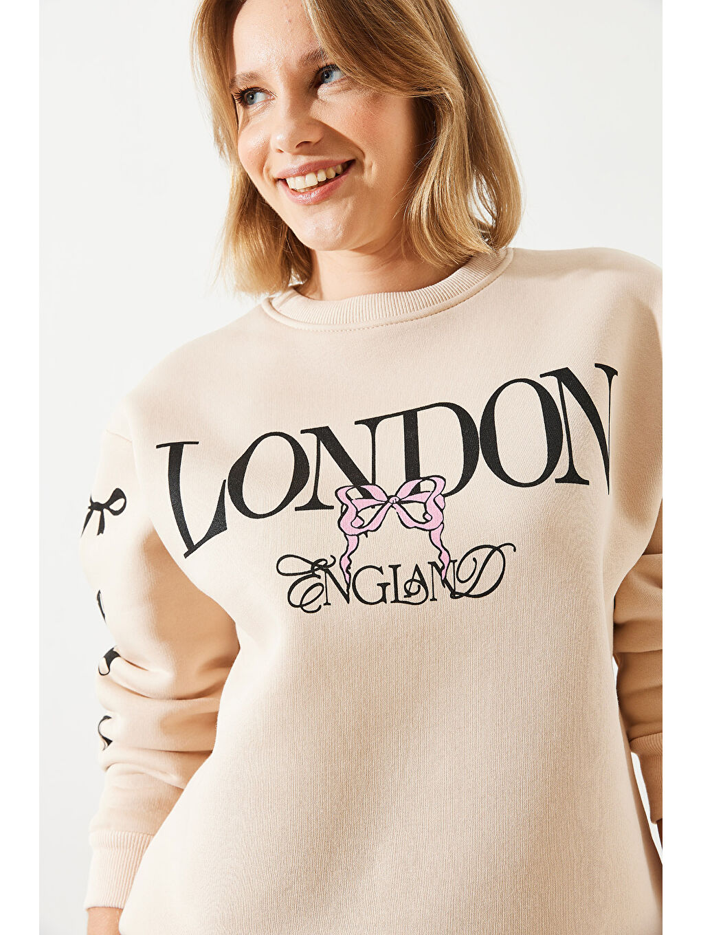 Bej Kadın Üç İplik Şardonlu London Life Grafik Baskılı Sweatshirt-2