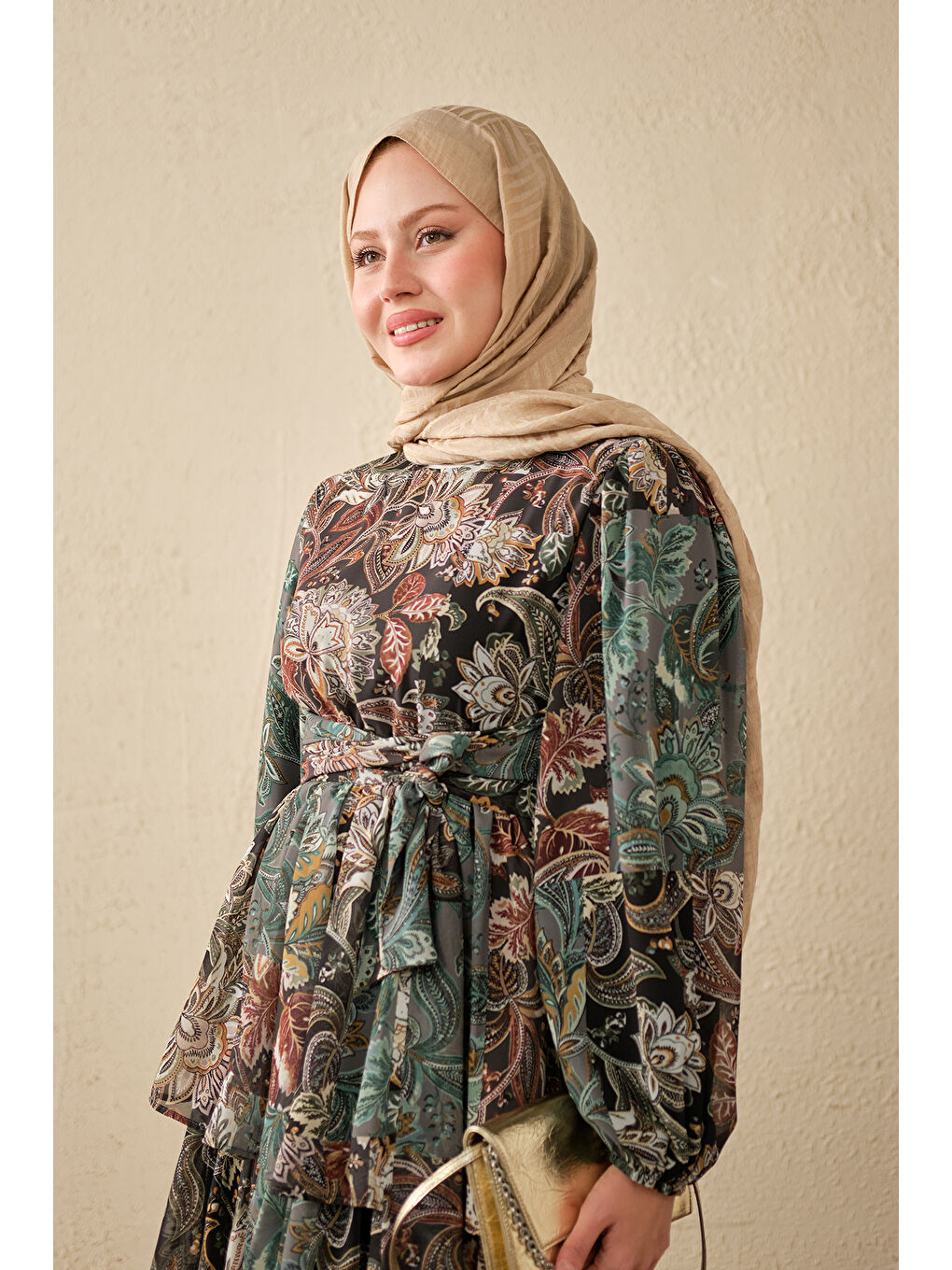 Kadın Etnik Desen Bel Bağlamalı Elbise Koyu Yeşil-3