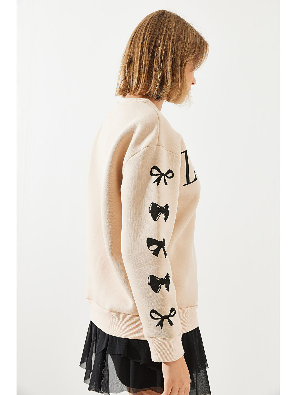 Bej Kadın Üç İplik Şardonlu London Life Grafik Baskılı Sweatshirt-3