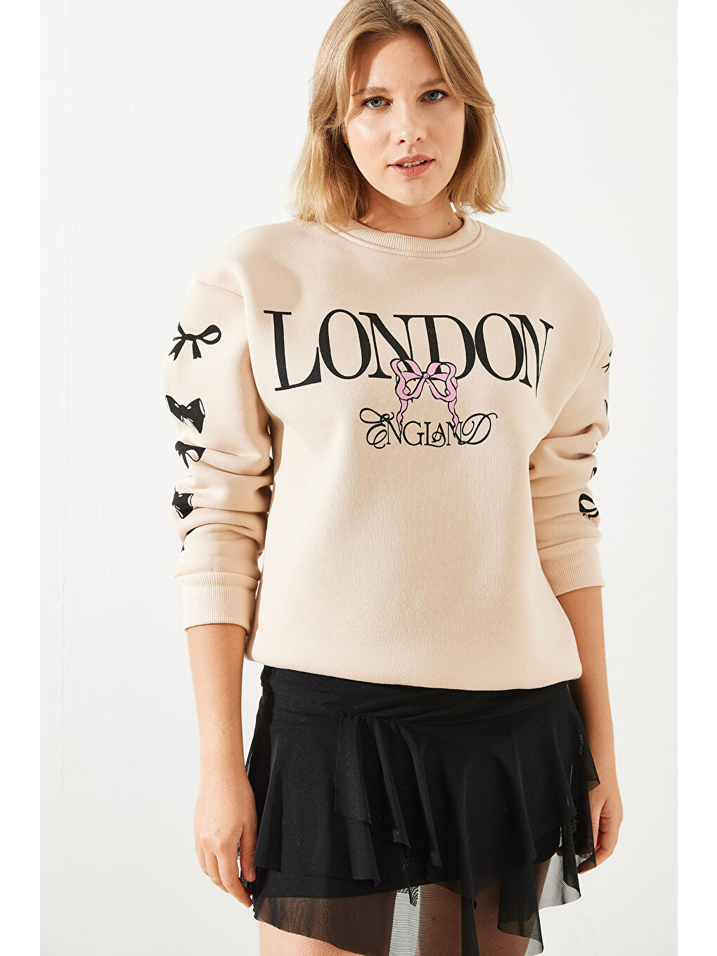 Bej Kadın Üç İplik Şardonlu London Life Grafik Baskılı Sweatshirt-4