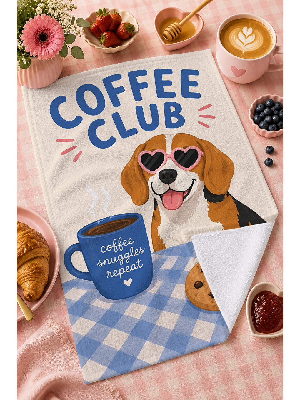 Beyaz Kedi Köpek Kahve Desenli Havlu-1
