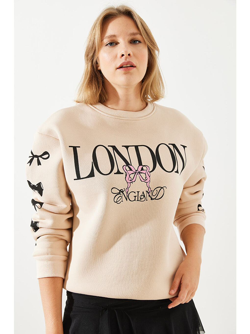 Bej Kadın Üç İplik Şardonlu London Life Grafik Baskılı Sweatshirt-5