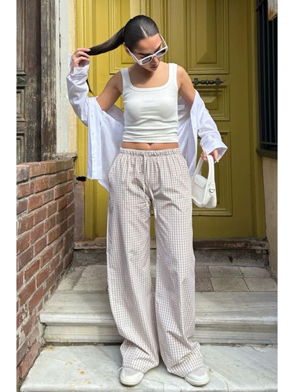 Bej Beli Ayarlanabilir Ekoseli Bol Paça Kadın Pantolon Mg2335