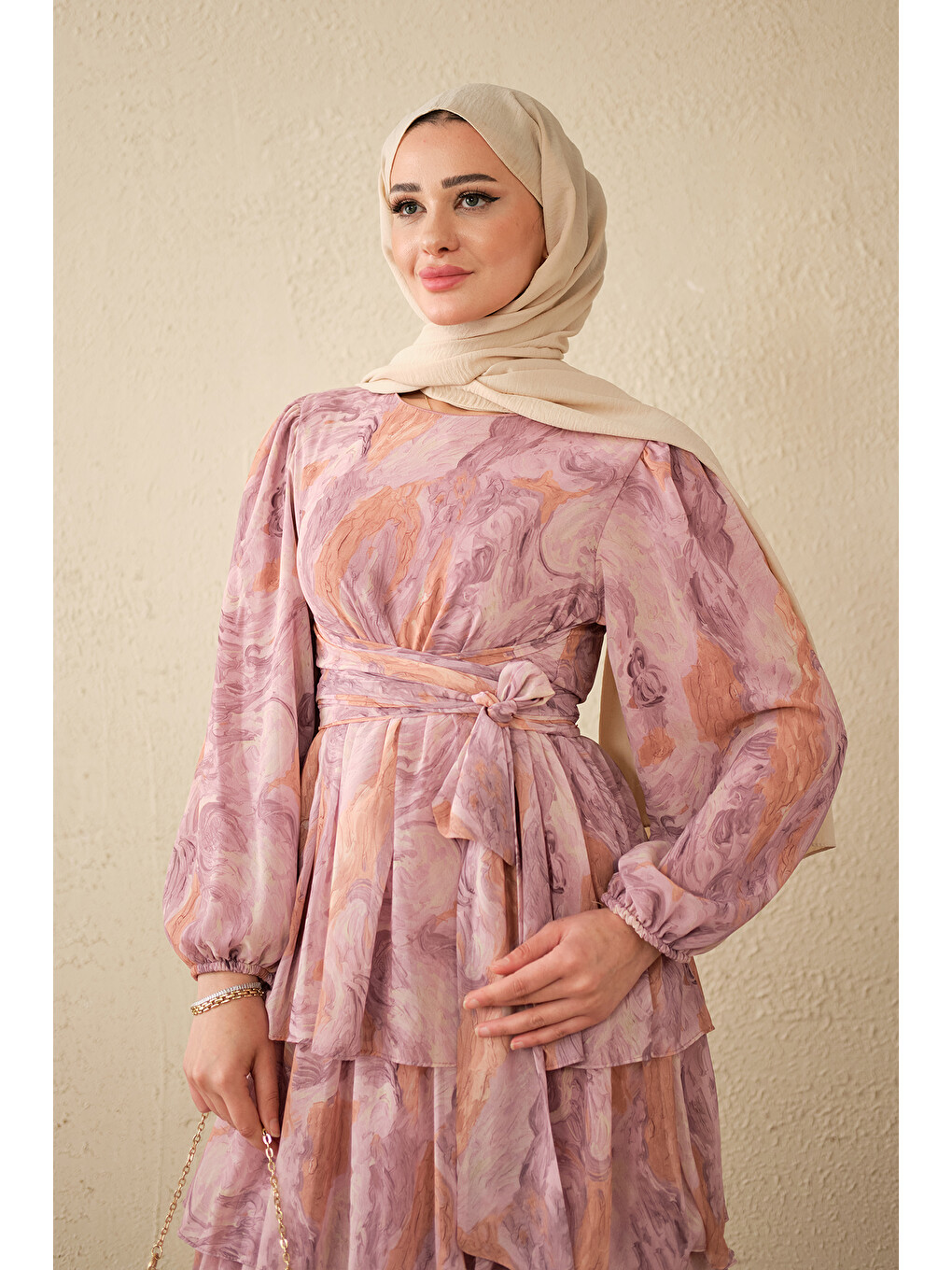 Kadın Kat Kat Detay Kuşaklı Astarlı Şifon Elbise Pembe-3
