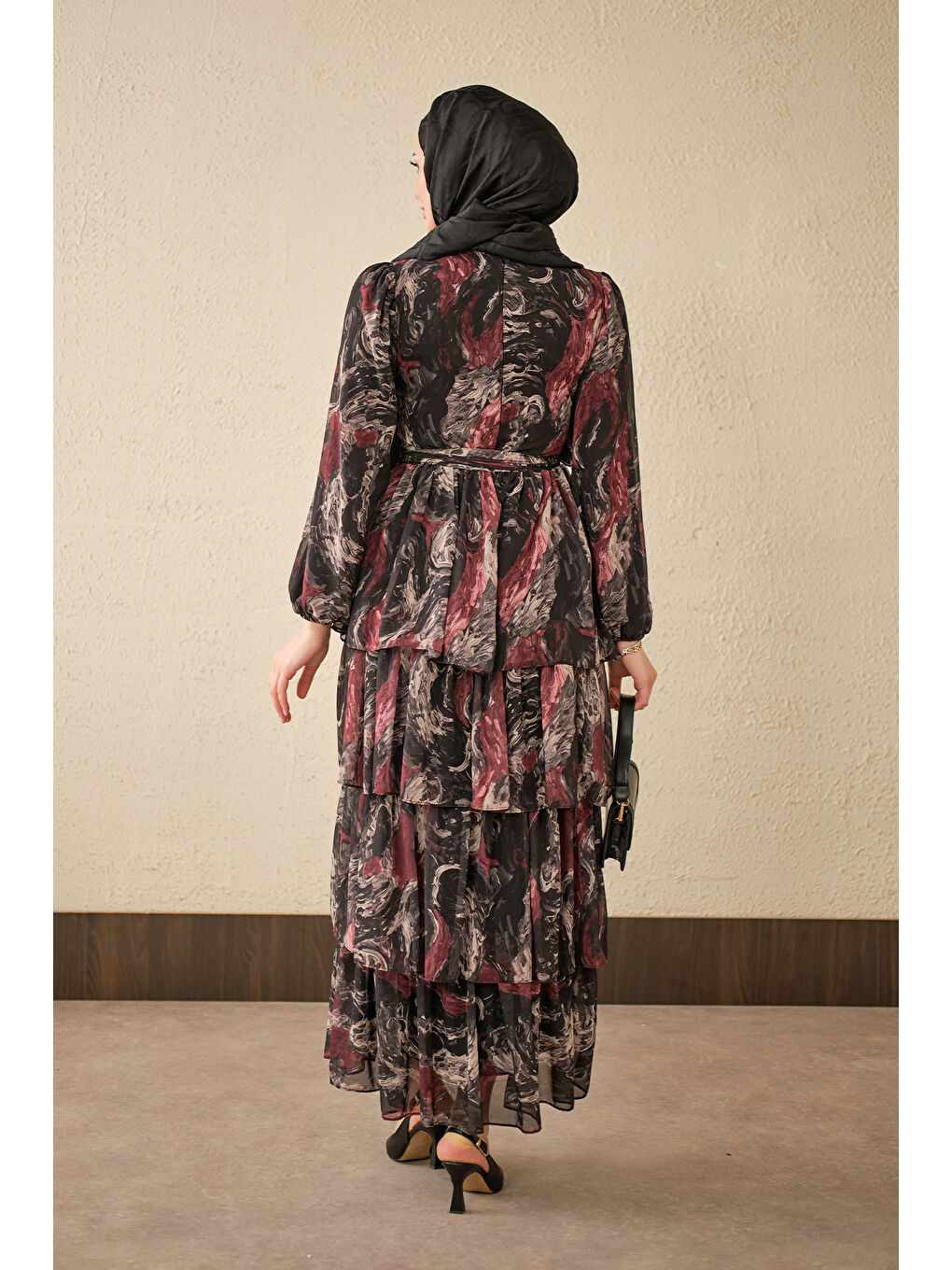 Kadın Kat Kat Detay Kuşaklı Astarlı Şifon Elbise Siyah-4