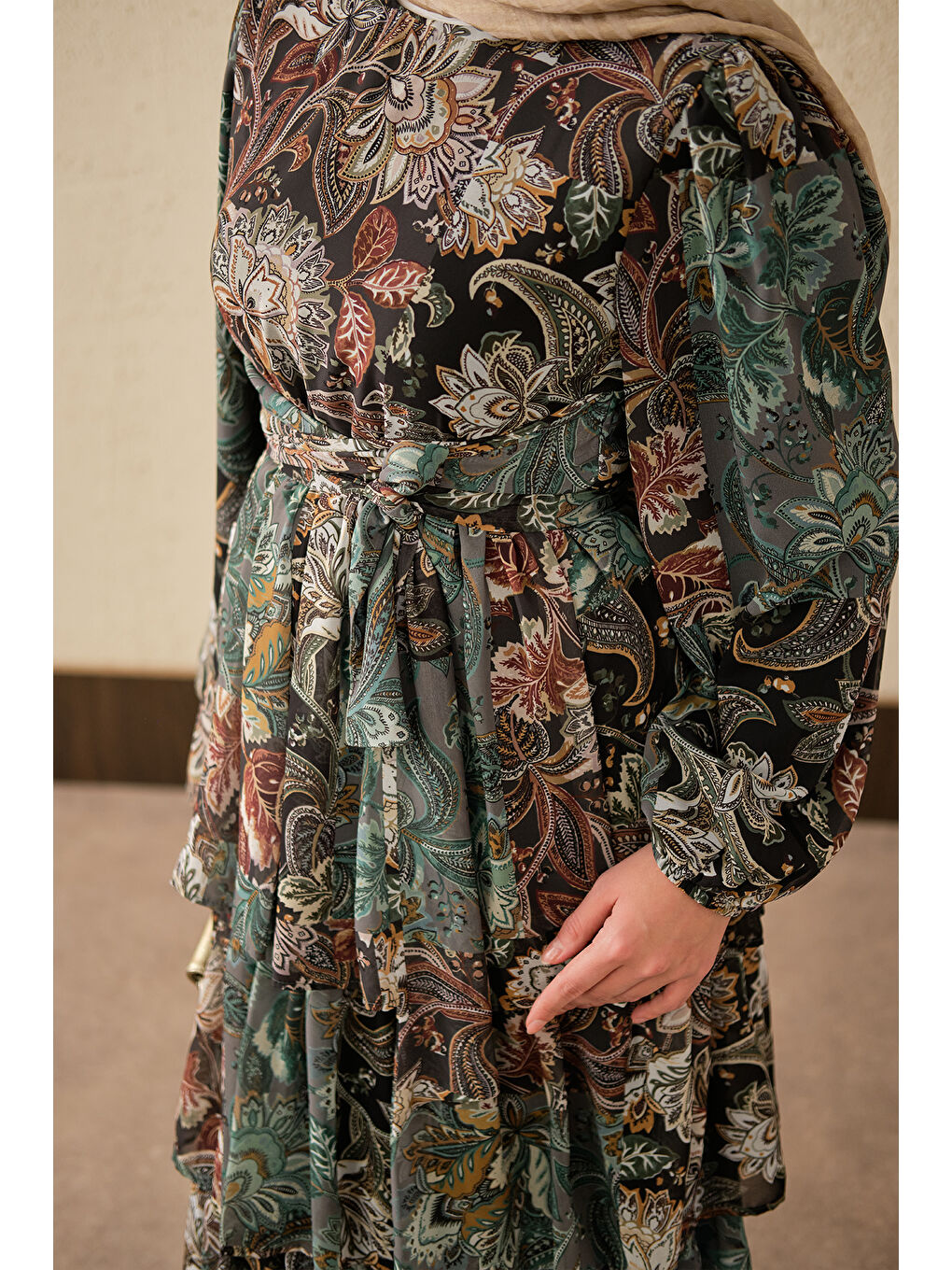 Kadın Etnik Desen Bel Bağlamalı Elbise Koyu Yeşil-4