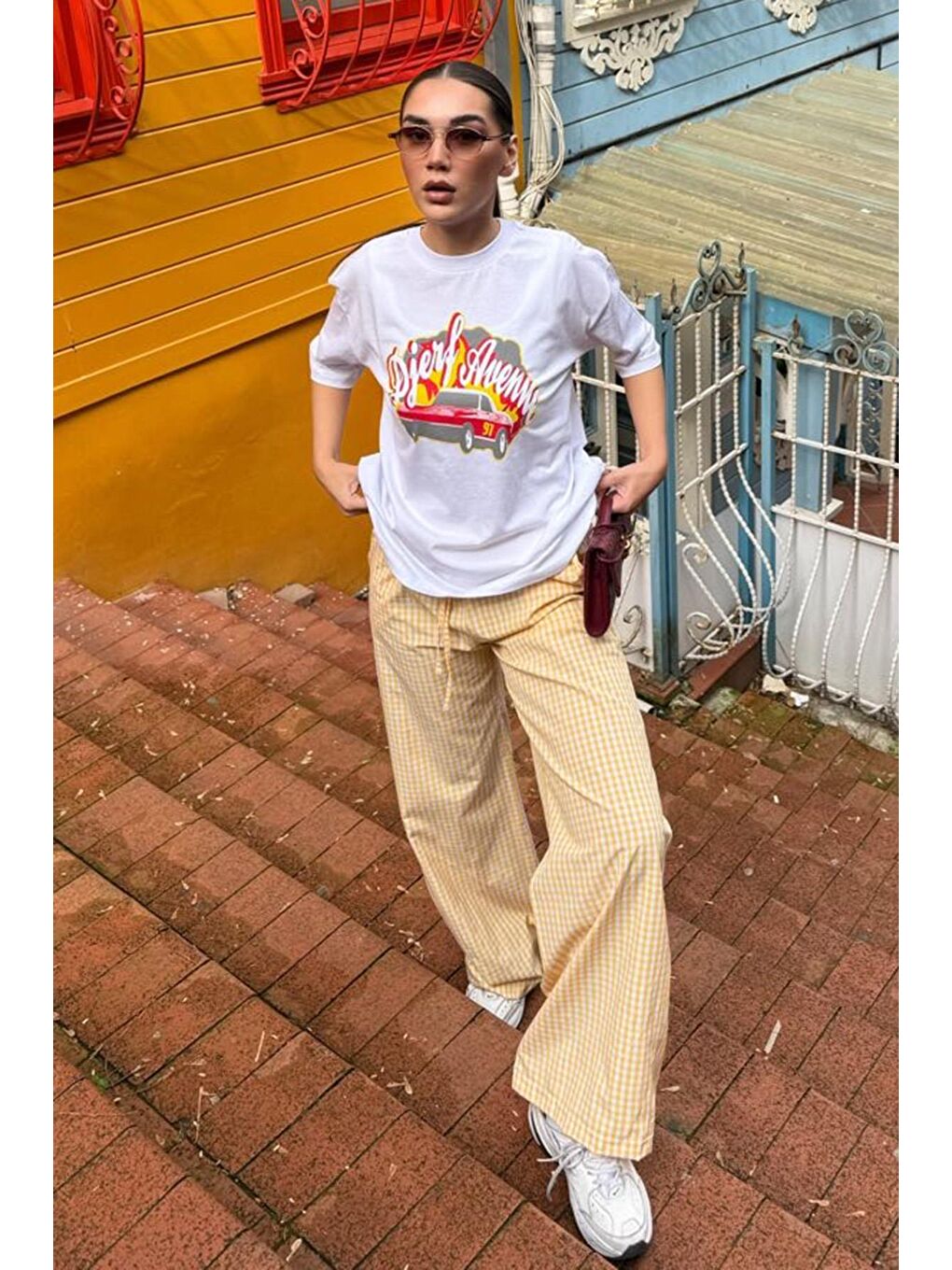 Sarı Beli Ayarlanabilir Ekoseli Bol Paça Kadın Pantolon Mg2335