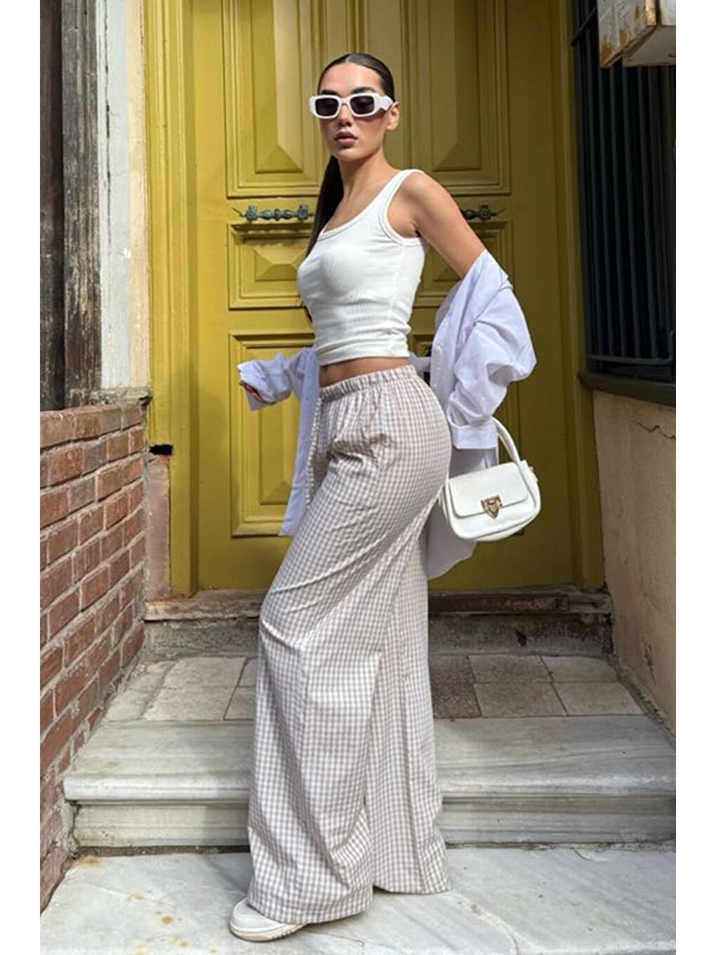 Bej Beli Ayarlanabilir Ekoseli Bol Paça Kadın Pantolon Mg2335-1