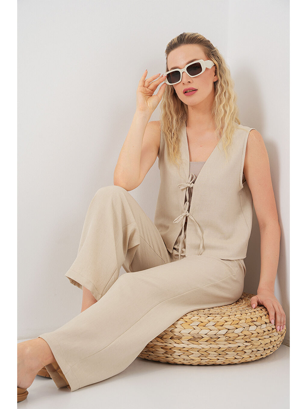 Kadın Keten Görünümlü Sıfır Kol İkili Takım 6746 - Bej