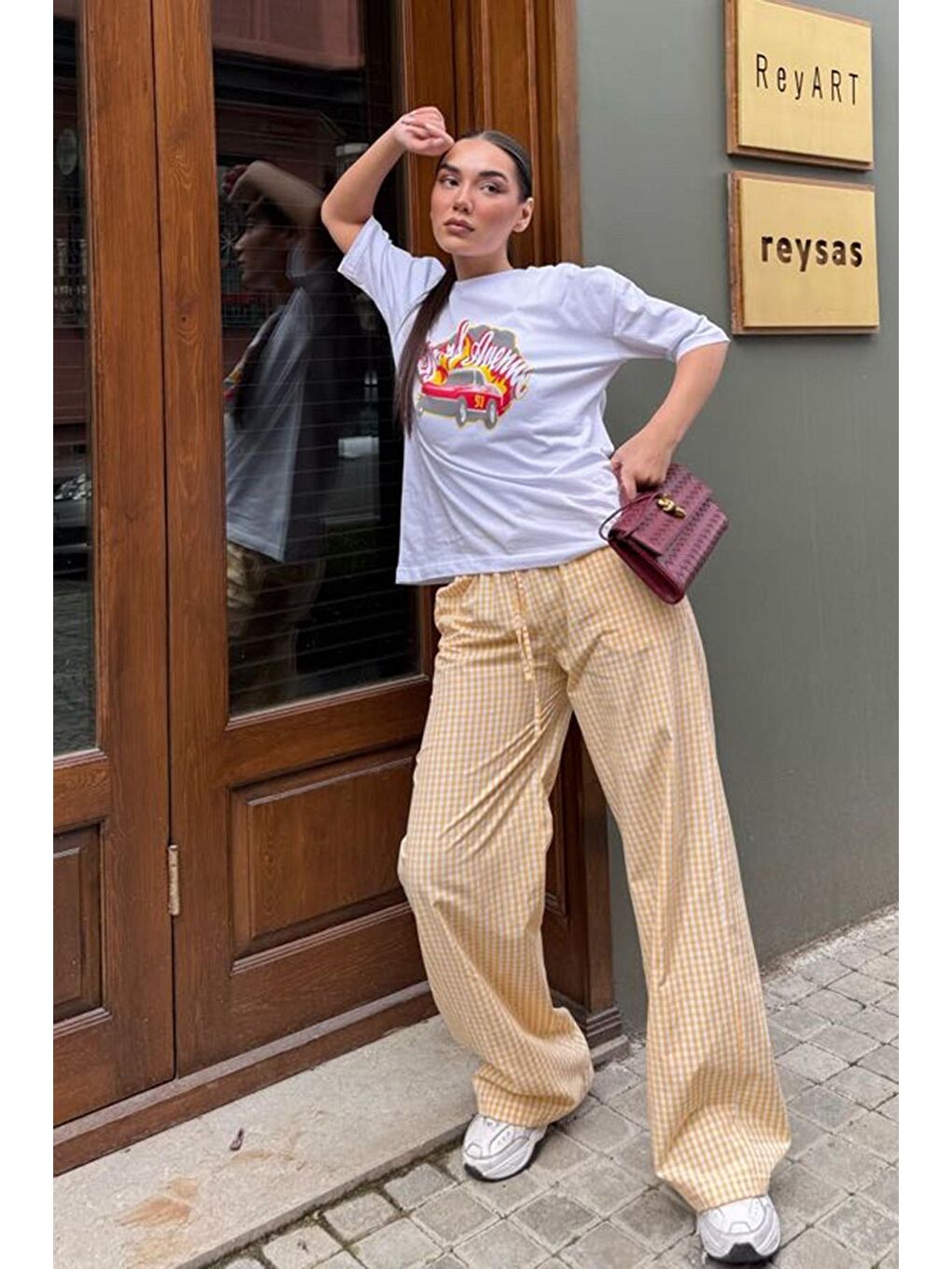 Sarı Beli Ayarlanabilir Ekoseli Bol Paça Kadın Pantolon Mg2335-1