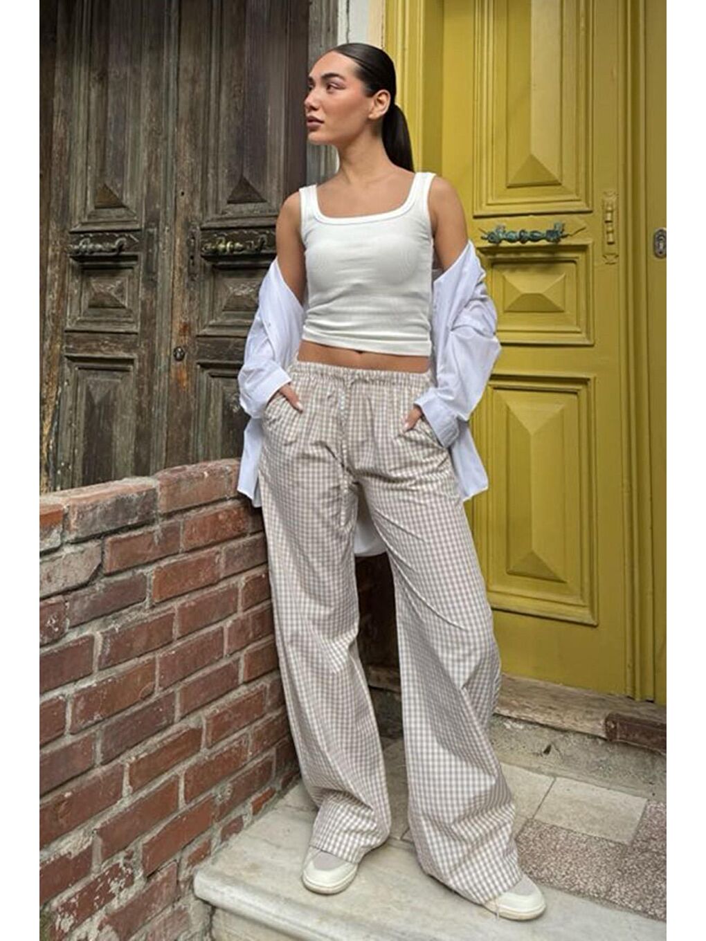 Bej Beli Ayarlanabilir Ekoseli Bol Paça Kadın Pantolon Mg2335-3