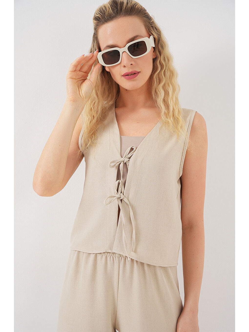 Kadın Keten Görünümlü Sıfır Kol İkili Takım 6746 - Bej-1