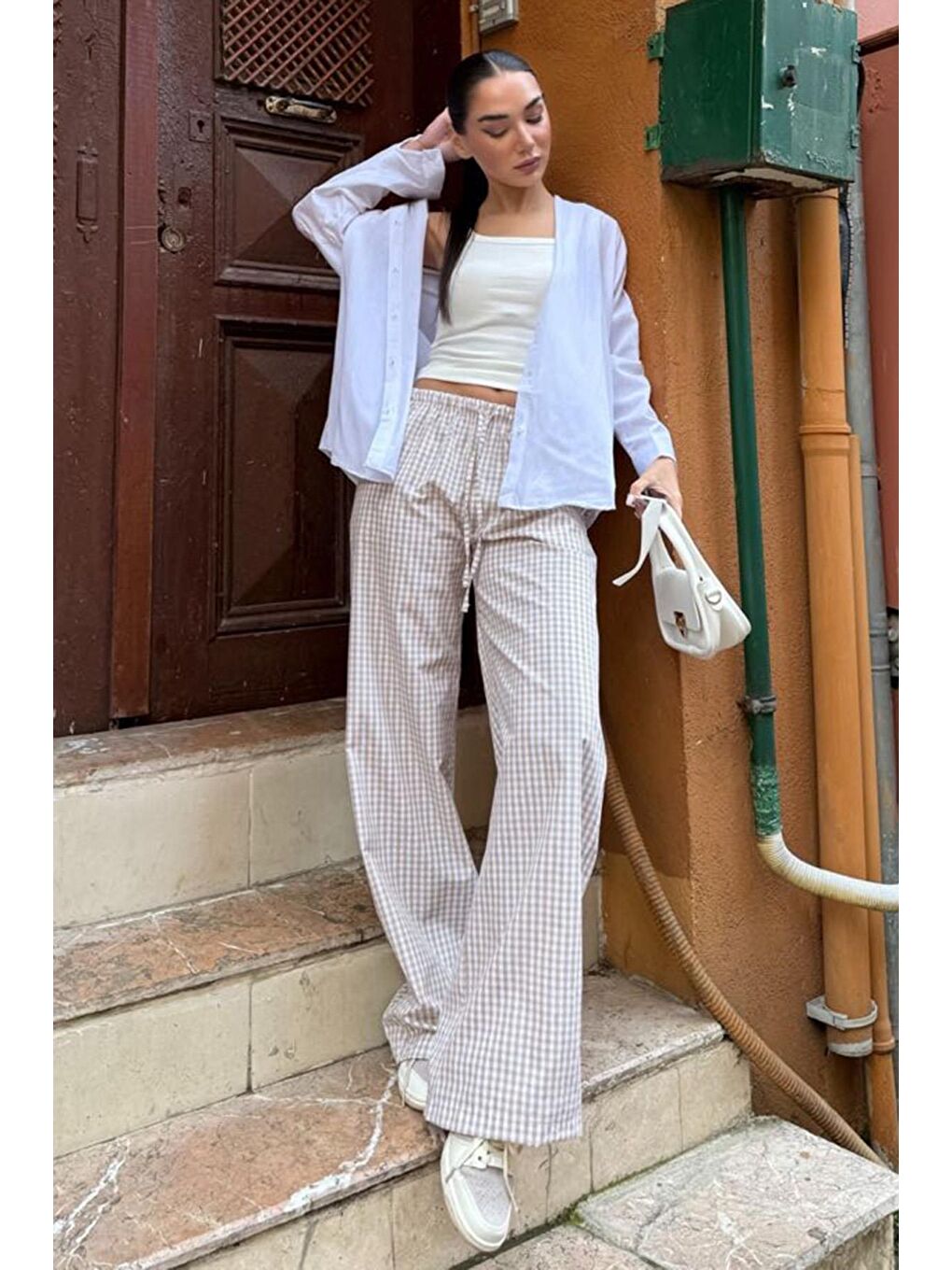 Bej Beli Ayarlanabilir Ekoseli Bol Paça Kadın Pantolon Mg2335-4