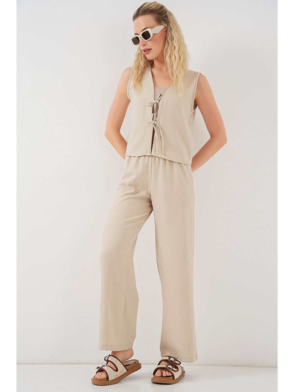 Kadın Keten Görünümlü Sıfır Kol İkili Takım 6746 - Bej-2