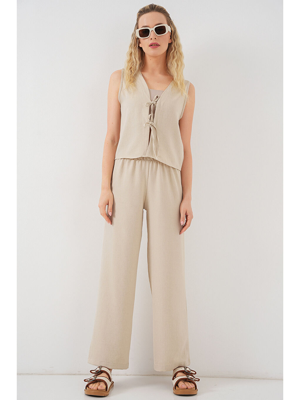 Kadın Keten Görünümlü Sıfır Kol İkili Takım 6746 - Bej-3