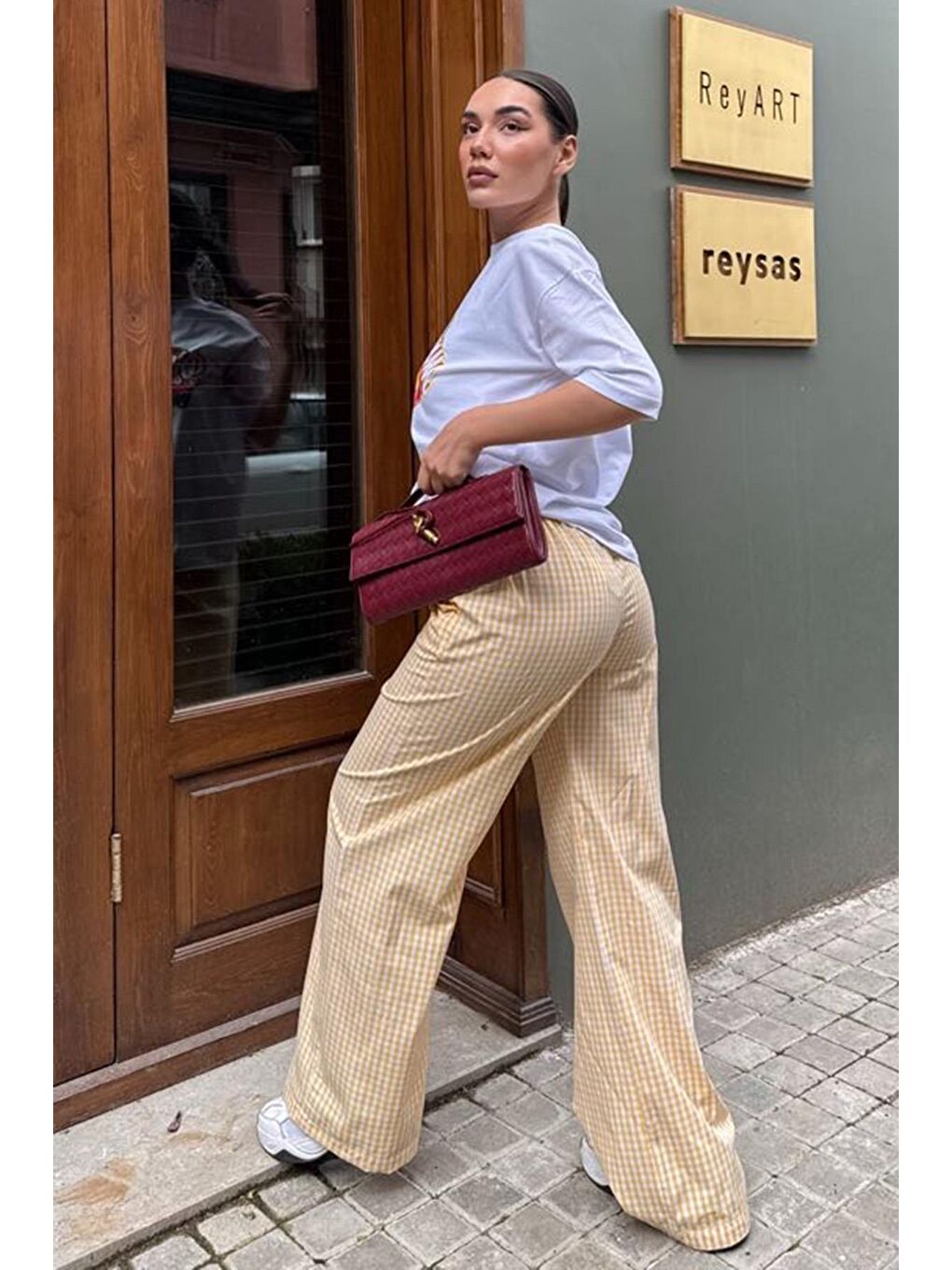 Sarı Beli Ayarlanabilir Ekoseli Bol Paça Kadın Pantolon Mg2335-3