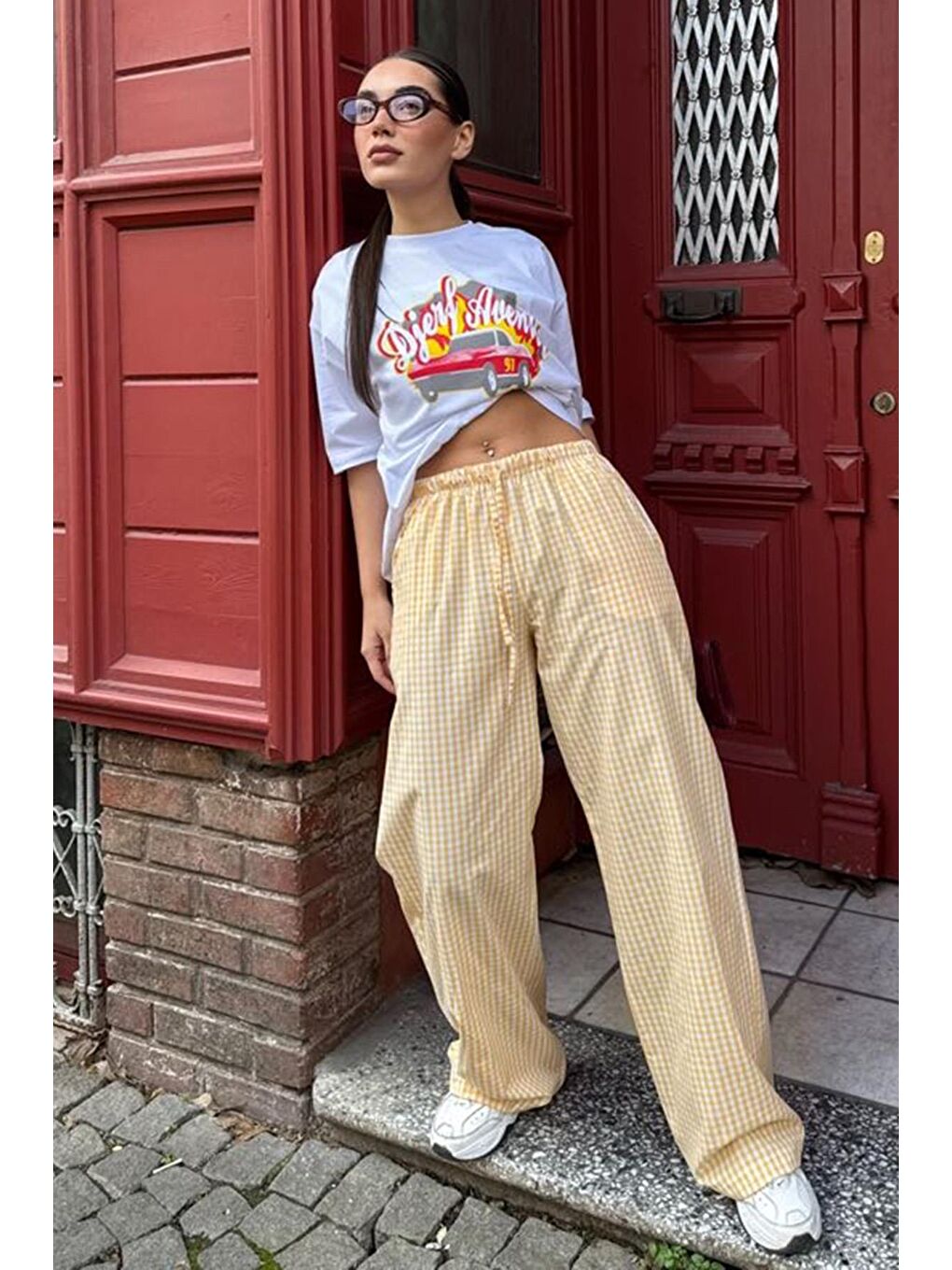Sarı Beli Ayarlanabilir Ekoseli Bol Paça Kadın Pantolon Mg2335-4