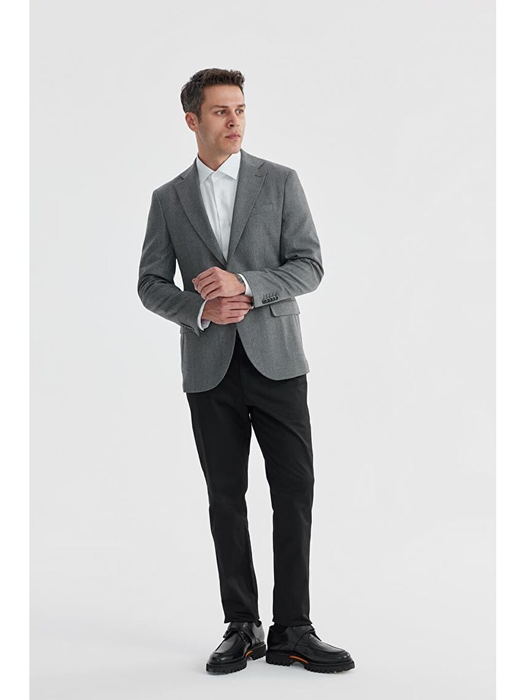 Gri Slim Fit Ekose Kareli Çift Yırtmaçlı Ceket