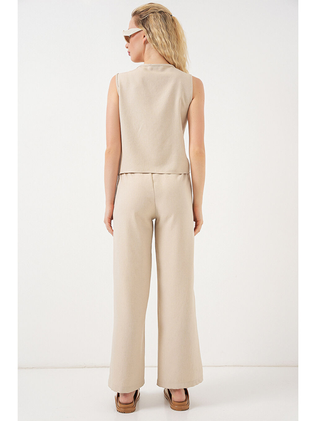 Kadın Keten Görünümlü Sıfır Kol İkili Takım 6746 - Bej-5