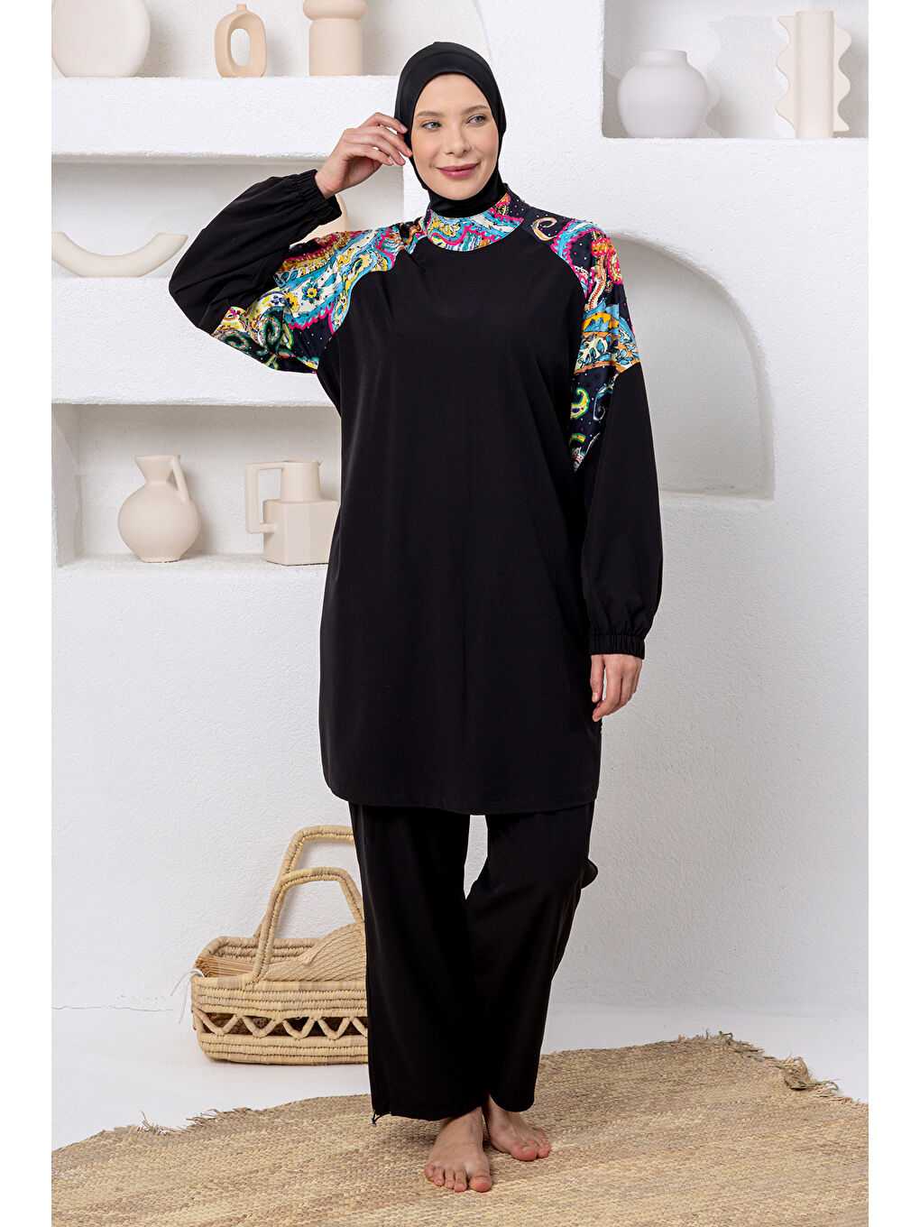 Sarı UV Korumalı Büyük Beden Spor Elastanlı Tam Kapalı Tesettür Mayo 1808 Siyah04